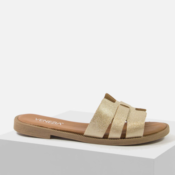 Klapki damskie VENEZIA złote skórzane z paskami na płaskim obcasie L012