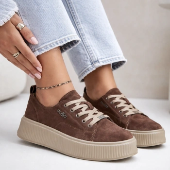 Filippo 6122 Skórzane sneakersy damskie Brązowe zamszowe na platformie