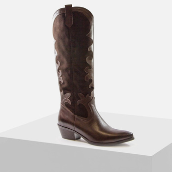 Kozaki damskie SIMEN Skórzane brązowe Kowbojki do kolan na obcasie 7187A