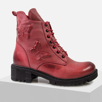 Botki damskie BOCCATO Czerwone skórzane trzewiki ocieplane na zimę 024.2805