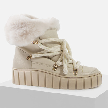 Botki damskie LA VIA Aria Skórzane beżowe śniegowce z futerkiem na zimę 