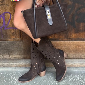 Kozaki damskie Laura Piacci 3170 Welurowe ażurowe skórzane Zamszowe brązowe