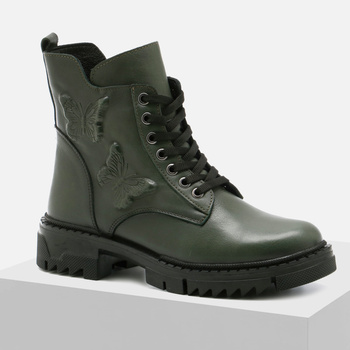 Botki damskie ARTIKER Zielone trapery skórzane ocieplane trzewiki 55C1546