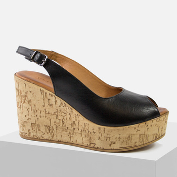 Sandały damskie SOKOLSKI 737 Skórzane czarne na koturnie i platformie