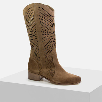 Kozaki damskie LAURA PIACCI 3305 Welurowe ażurowe skórzane Zamszowe kowbojki brazowe