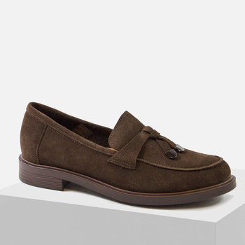 Mokasyny damskie SOHO Brązowe półbuty skórzane zamszowe 24-651