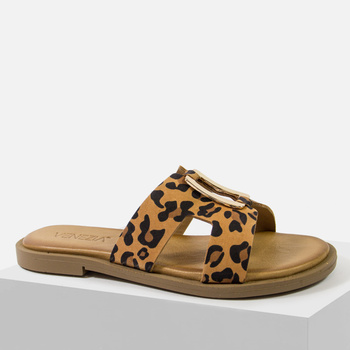 Klapki damskie VENEZIA brązowe skórzane w panterkę z ozdoba H036