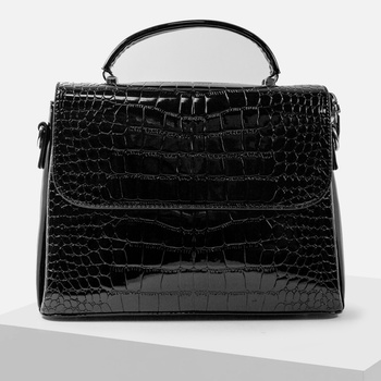 Torebka damska 3-komorowa listonoszka lakierowana czarna z paskiem