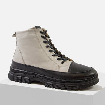 Botki damskie RAVINI skórzane trzewiki szaro czarne ocieplane zimowe VT158