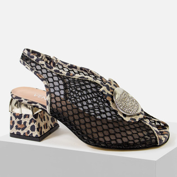 Sandały damskie VENEZIA Skórzane czarne w panterkę siateczkowe na obcasie