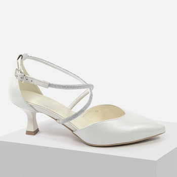 Czółenka damskie KOTYL Skórzane Białe perłowe z cyrkoniami Ślub wesele 5445