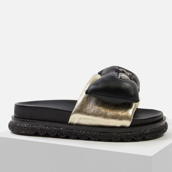 Klapki damskie BOMBONELLA złote skórzane na platformie z kokarda P323