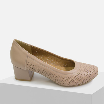 Czółenka damskie SOHO C-1320 Beżowe półbuty skórzane na obcasie ażurowe