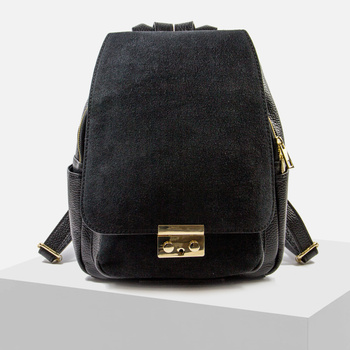 Plecak damski Skórzany włoski czarny Borse in Pelle z klapą zamszową PS1