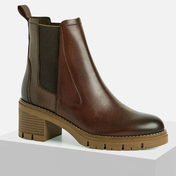 Botki damskie MARCO TOZZI Brązowe skórzane na obcasie ocieplane 25451