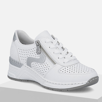 Półbuty damskie RIEKER N4340 skórzane białe koturn 5 cm sneakersy suwakiem