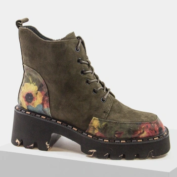 Artiker 59C0250 Botki damskie skórzane zamszowe khaki w kwiaty 