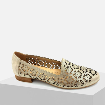 Baleriny damskie LAURA PIACCI 456 Mokasyny ażurowe skórzane złote