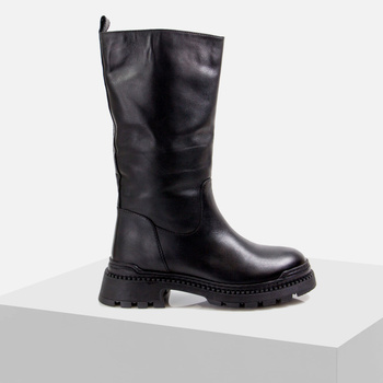 Kozaki damskie BOCCATO Skórzane Botki Czarne Wysokie Ocieplane