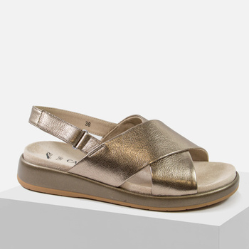 Sandały damskie CAPRICE Metaliczne skórzane brązowe na platformie złote 28208