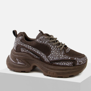 Sneakersy damskie brązowe półbuty na platformie z cyrkoniami