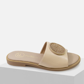 Eleganckie klapki damskie na płaskim obcasie DK6217 Beżowe z ozdobą