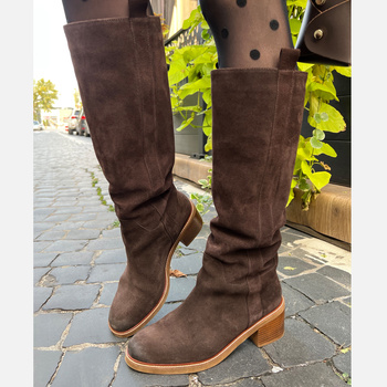 Kozaki SZYDŁOWSKI Skórzane długie Brązowe Kowbojki na obcasie