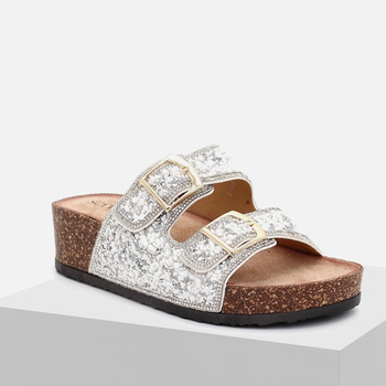 Klapki damskie SCAVIOLA Liza L-47 Białe srebrne na korkowej podeszwie