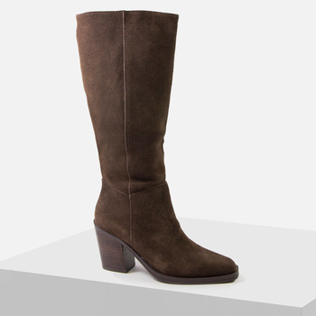 Kozaki damskie SOHO 2704 Skórzane brązowe na obcasie zamszowe ocieplane